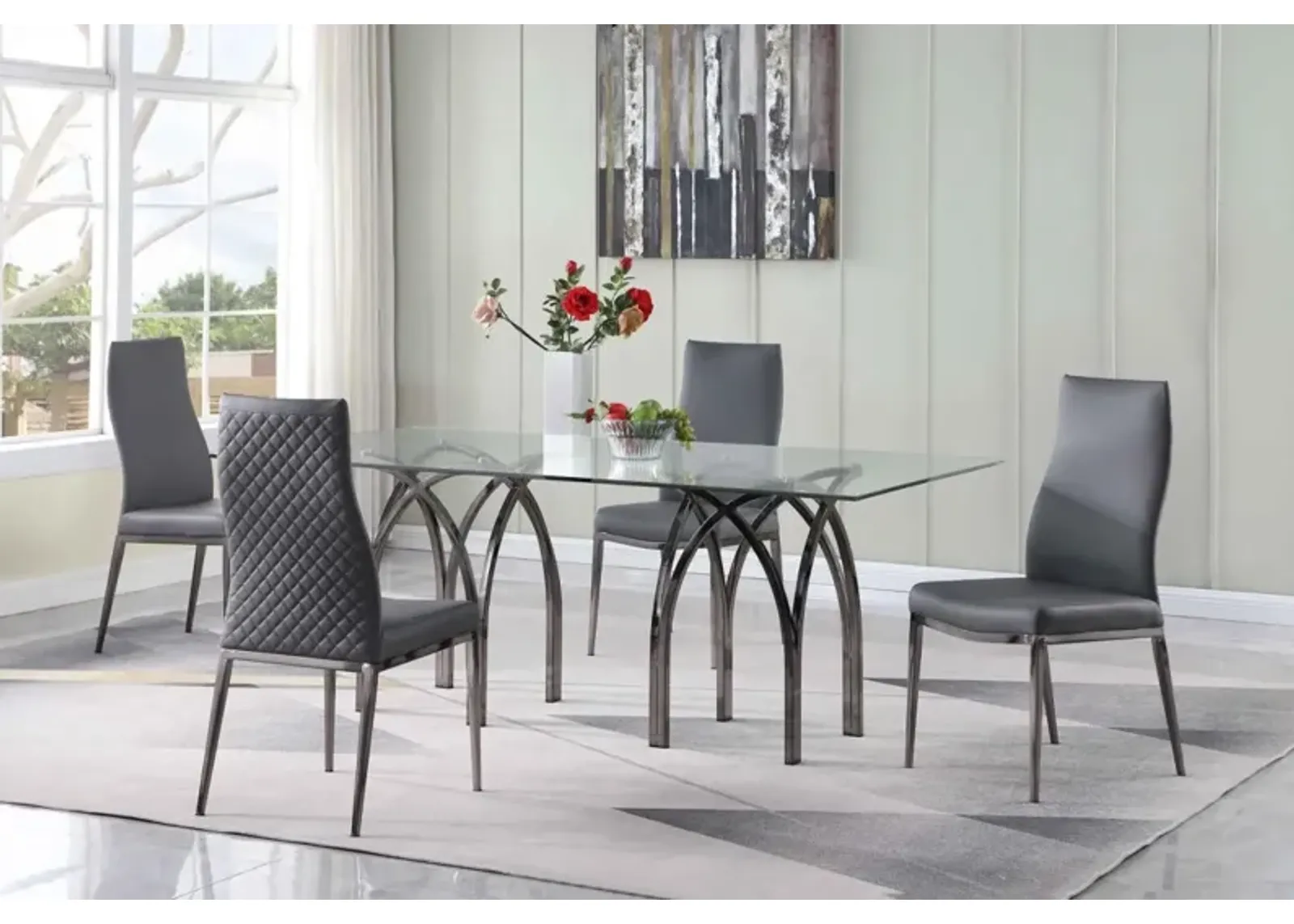 Chintaly Juliette Contemporary 84 Inch Dining Set with Rectangular Glass Top Table & Diamond Stitched Back Chairs