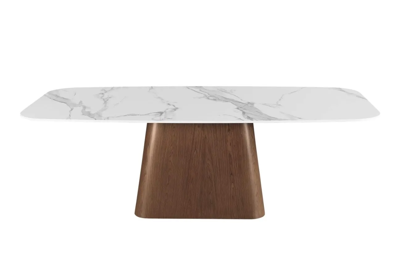 KENZA MODERN MARBLEIZED SINTERED STONE TOP DINING TABLE WITH WOODEN BASE