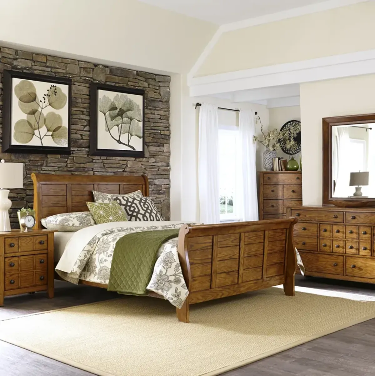 Liberty Furniture Complete California King Set Sleigh Bed, Dresser, Mirror, Chest & Nightstand Grandpas Cabin