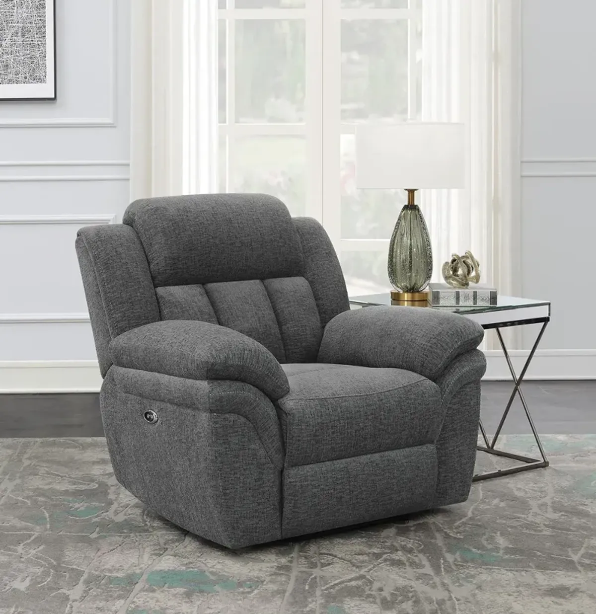 Coaster Bahrain Upholstered Power Glider Recliner Charcoal