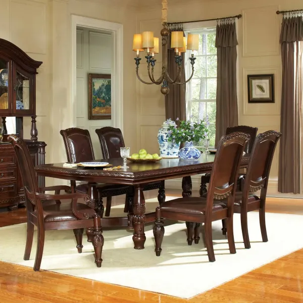 Steve Silver Antoinette 120-Inch 7-Piece Pedestal Dining Set With 24-Inch Leaf In Warm Brown Cherry