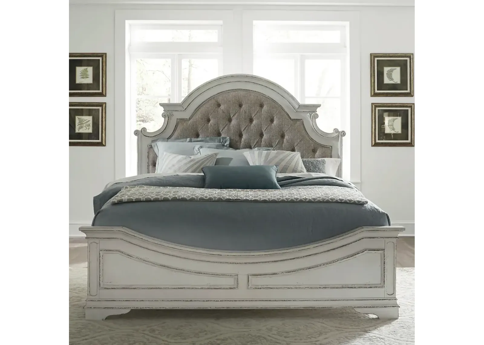 Liberty Furniture Complete King Bedroom Set Upholstered Bed, Dresser, Mirror & Chest White Magnolia Manor