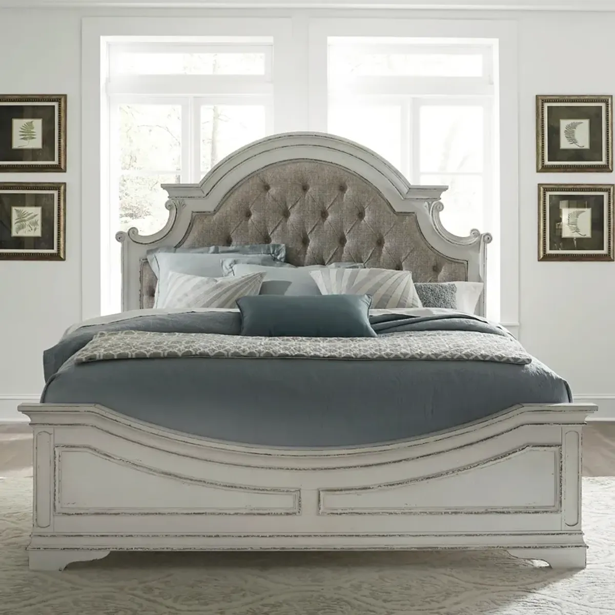 Liberty Furniture Complete King Bedroom Set Upholstered Bed, Dresser, Mirror & Chest White Magnolia Manor