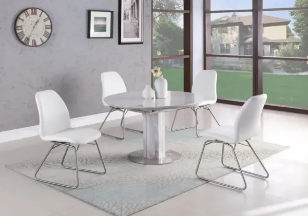 GRETCHEN WHITE DINING SET WITH BUTTERFLY-EXTENDABLE MARBLEIZED TABLE & 4 ROCKING CHAIRS