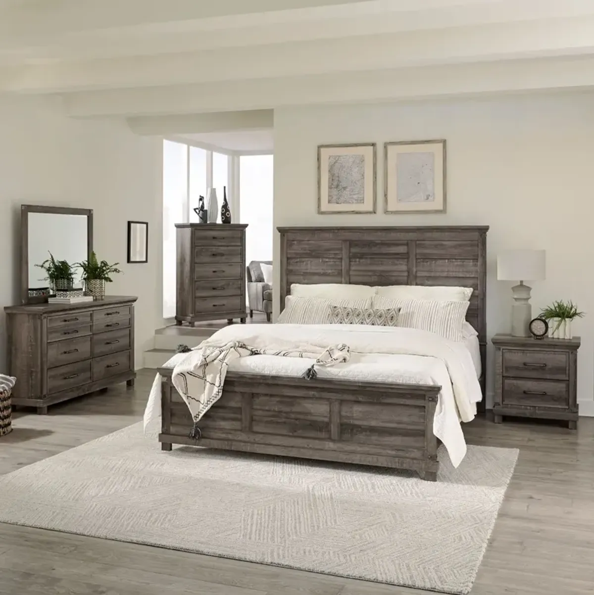 Liberty Furniture Complete King Bedroom Set Panel Bed, Dresser, Mirror, Chest & Nightstand Lakeside Haven
