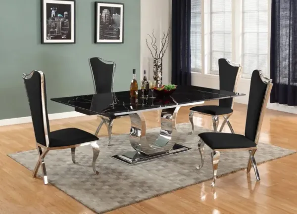 Chintaly Nadia Black Contemporary Dining Set with Extendable Marble Table & 4 Black Chairs