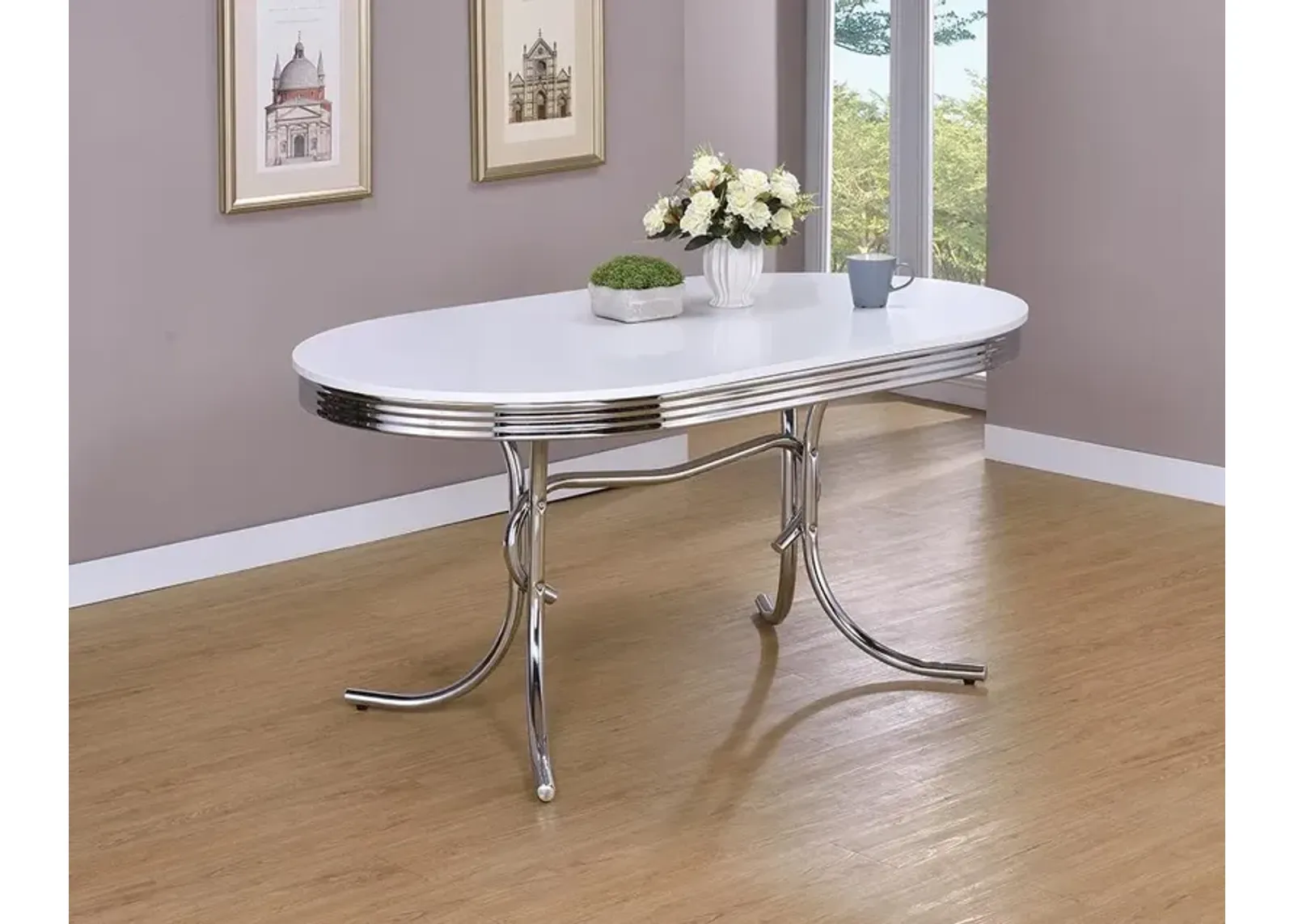 Coaster Retro Oval 60 Inch Wood Top Dining Table White & Chrome