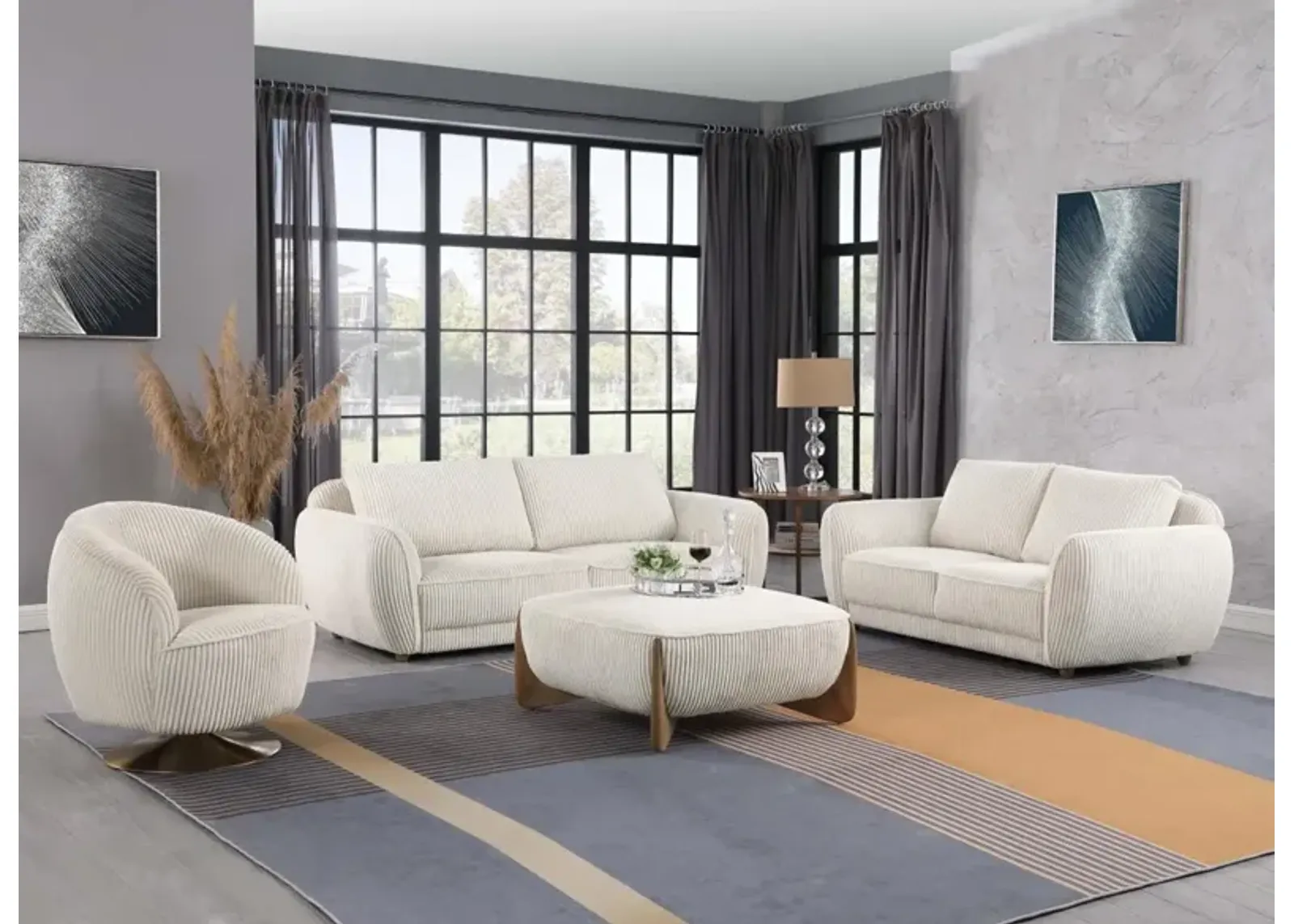 Chintaly Charleston Beige Modern Loveseat with Channel Pattern & Wooden Legs