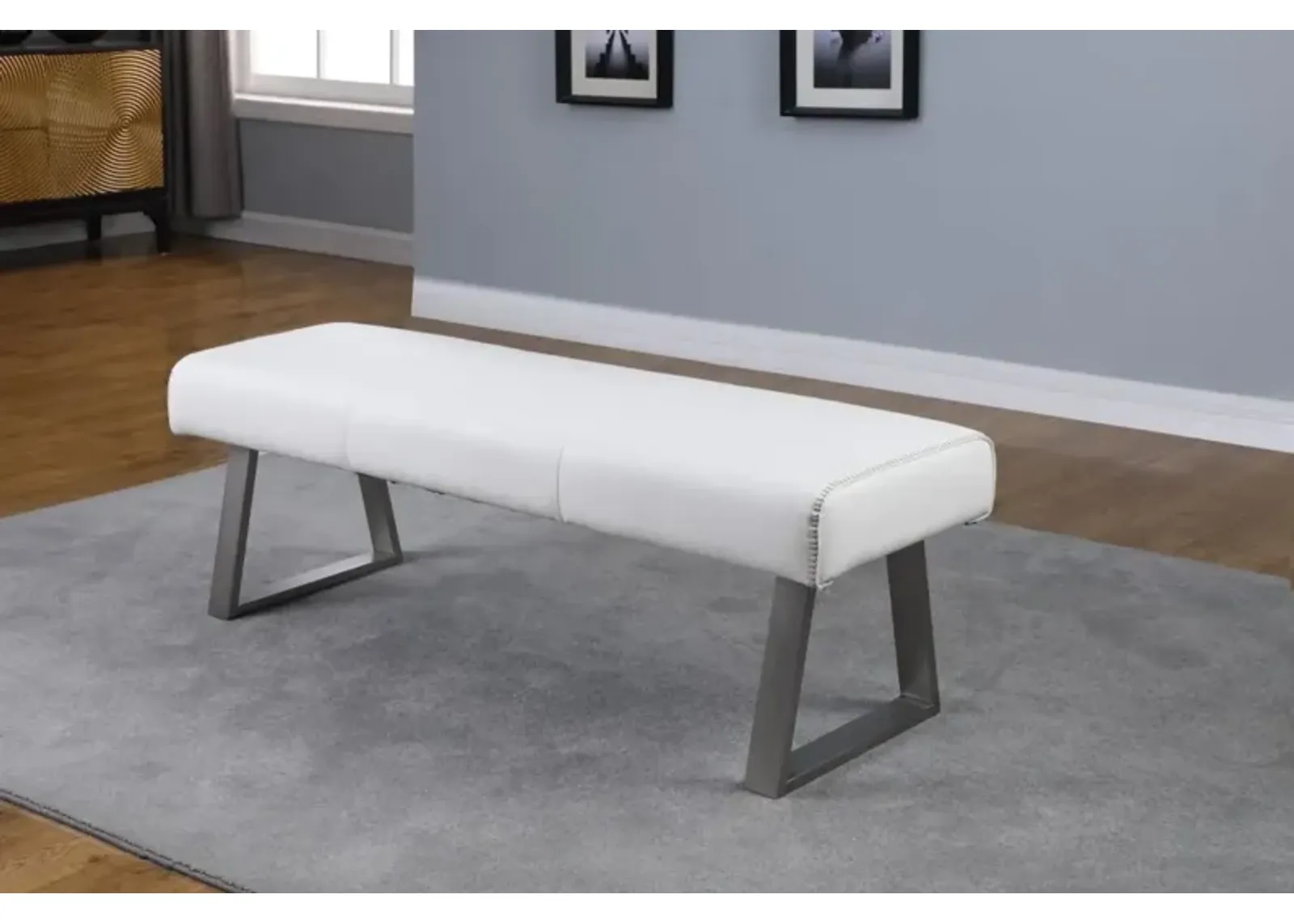 Chintaly Gwen White Contemporary Upholstered Dining Bench with Highlight Stitching