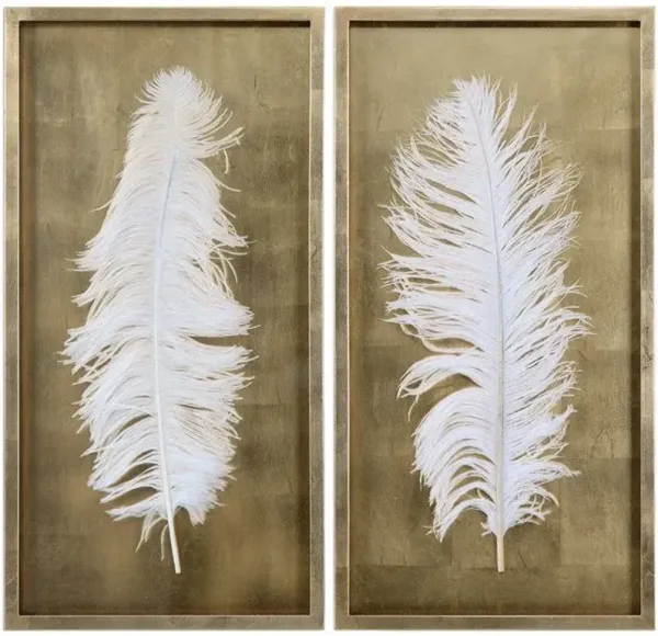Uttermost White Feathers 2-Piece Gold Shadow Box Wall Art