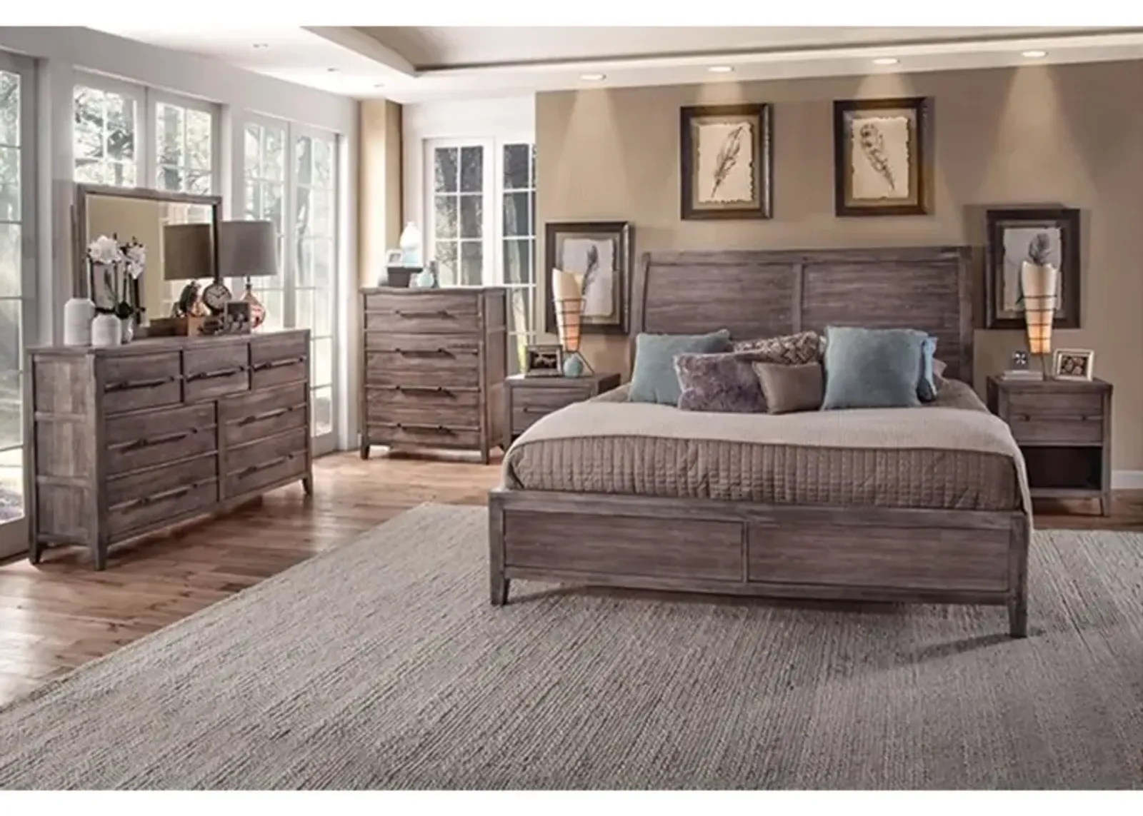 American Woodcrafters Aurora Weathered Grey 3-Piece Bedroom Set Queen Sleigh Bed with Panel Footboard Dresser & Mirror