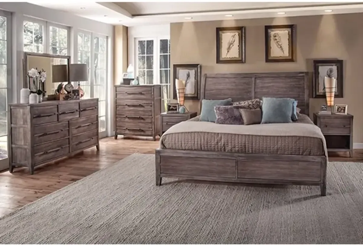 American Woodcrafters Aurora Weathered Grey 3-Piece Bedroom Set Queen Sleigh Bed with Panel Footboard Dresser & Mirror