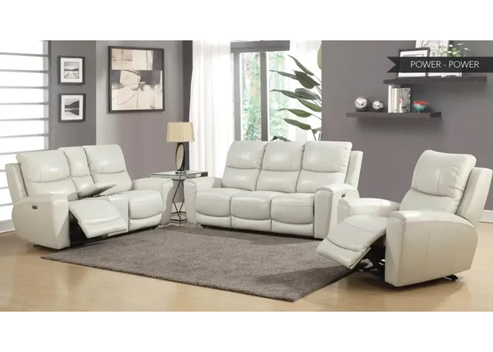 Steve Silver Laurel Ivory Dual-Power Leather Reclining Sofa Loveseat + Chair