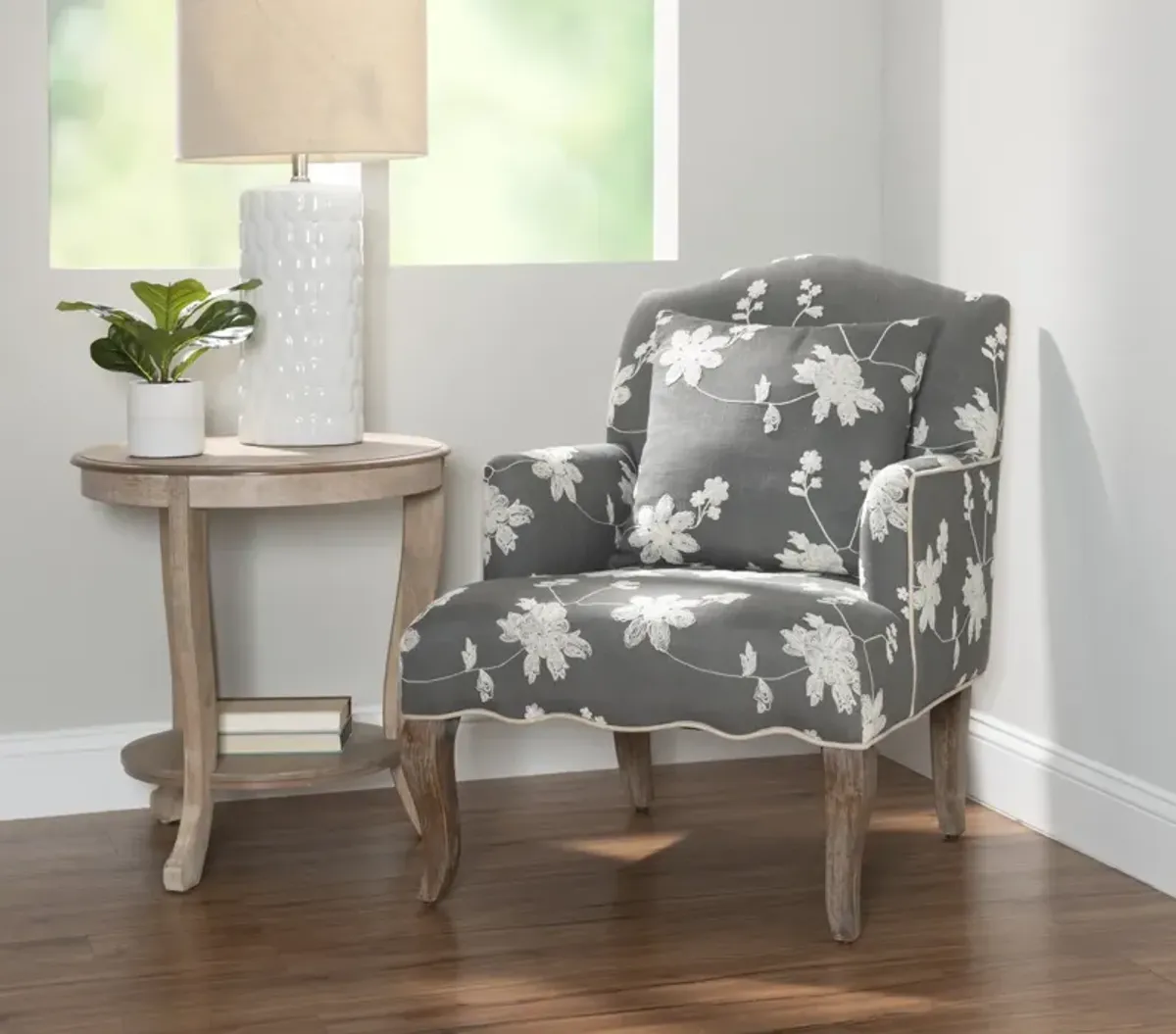 Linon Kenya Embroidered Grey Floral Armchair