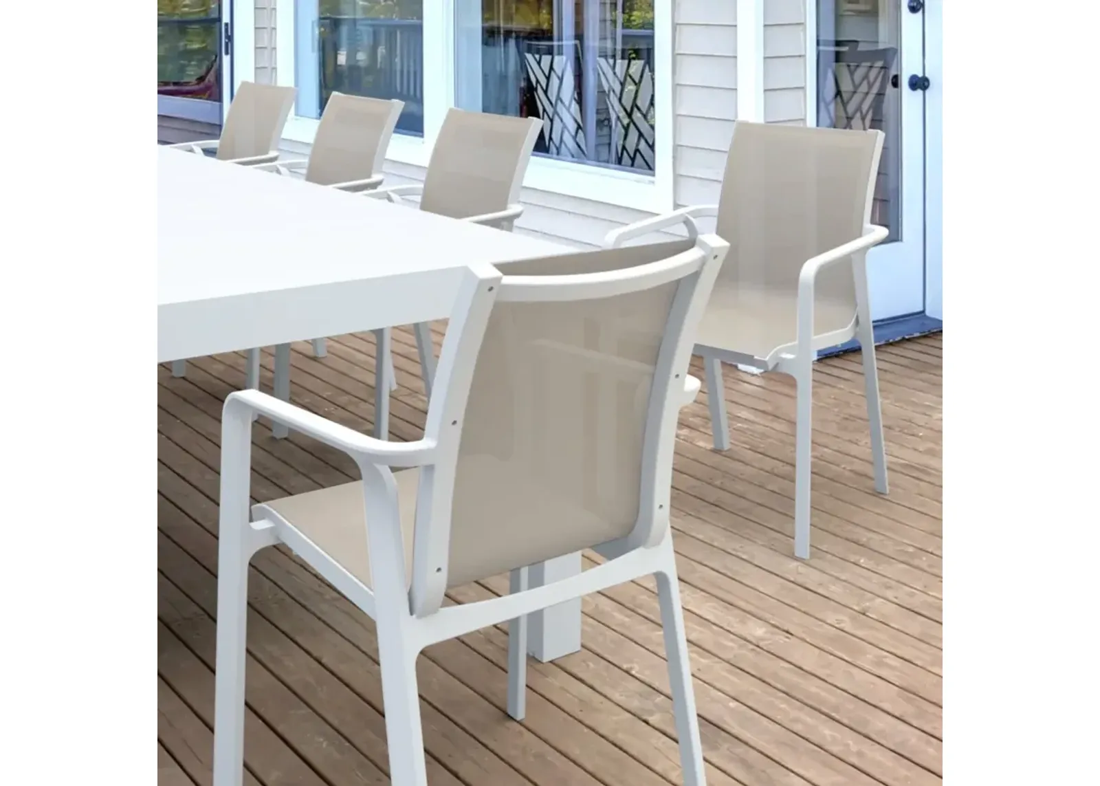 Pacific 11-Piece Outdoor Dining Set with Extension Table & Sling Arm Chairs White Frame Taupe Sling