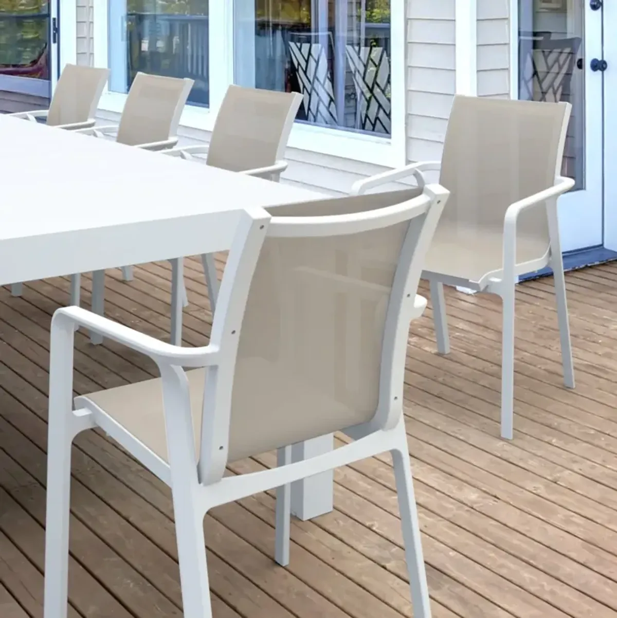 Compamia Pacific 11-Piece Outdoor Dining Set with Extension Table & Sling Arm Chairs White Frame Taupe Sling