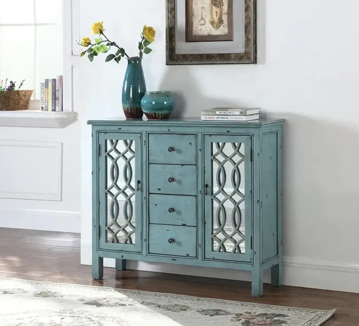 Coaster Rue 4-Drawer Wood Trellis Accent Storage Cabinet Blue