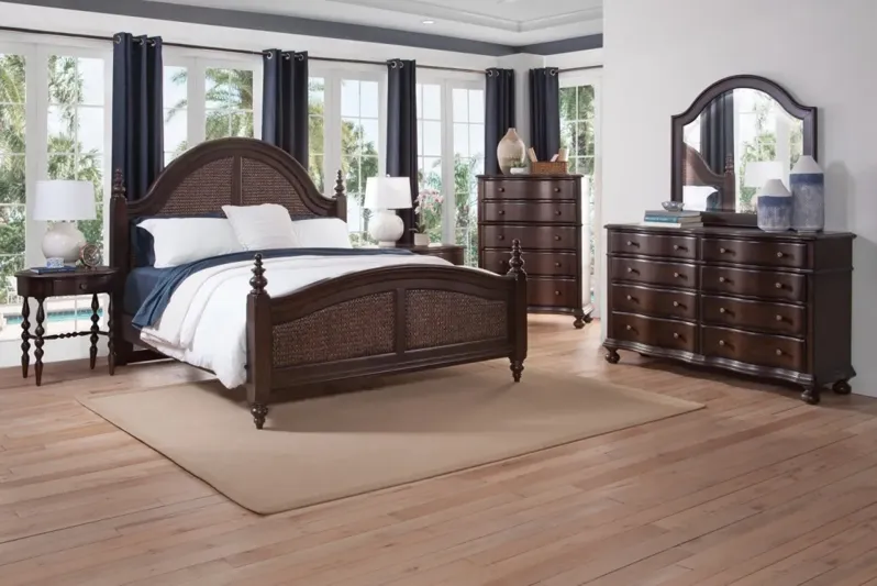 RODANTHE CHERRY BRUNETTE 4-PIECE WOVEN BEDROOM SET - QUEEN BED, DRESSER, MIRROR & 3-DRAWER NIGHTSTAND