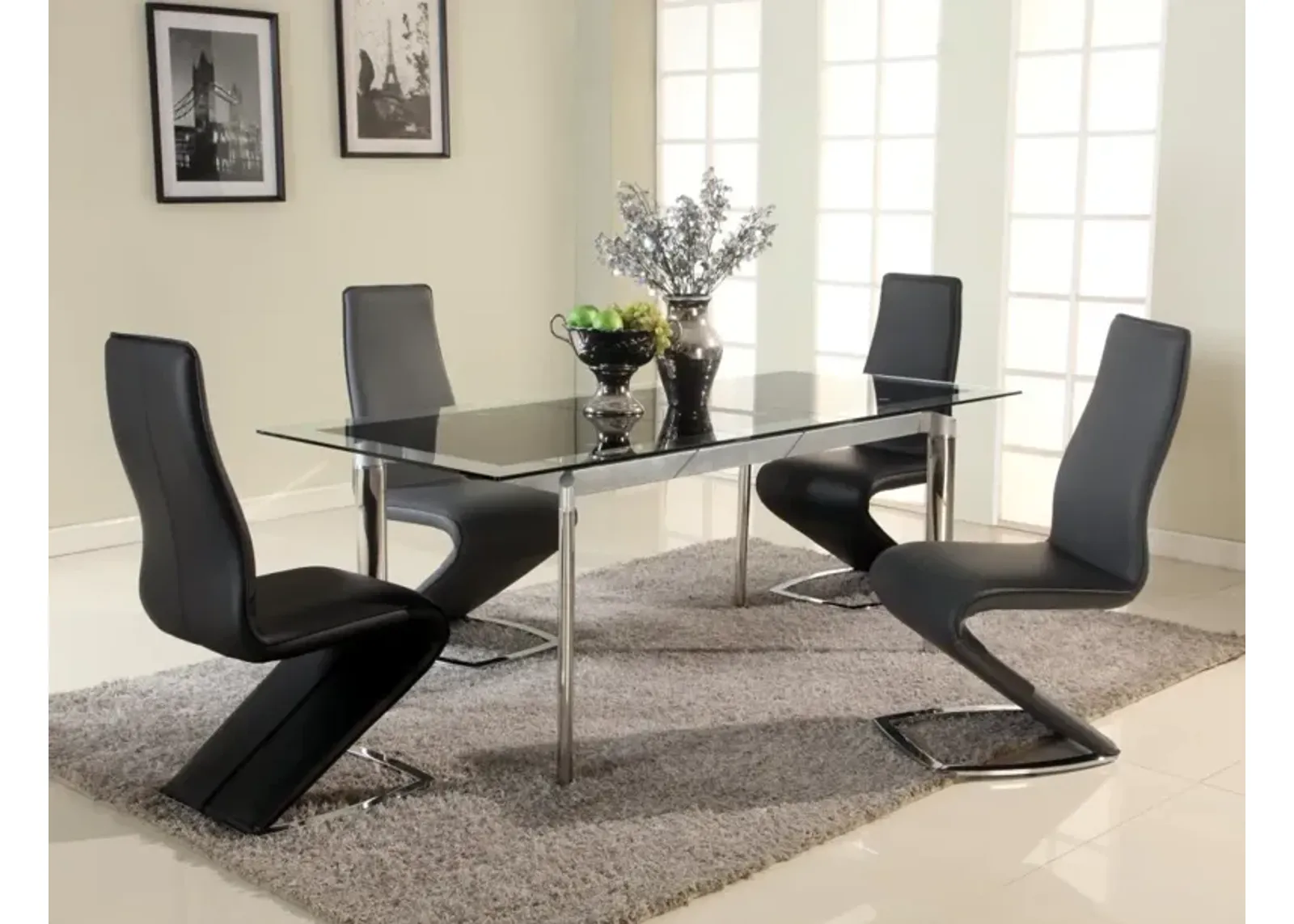 Chintaly Tara Black Modern Dining Set with Extendable Glass Table & Z-Shape Chairs