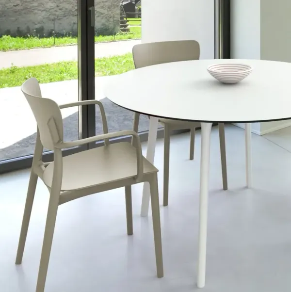 Compamia 47 Inch Lisa Round Outdoor Dining Set with White Table & Taupe Armchairs