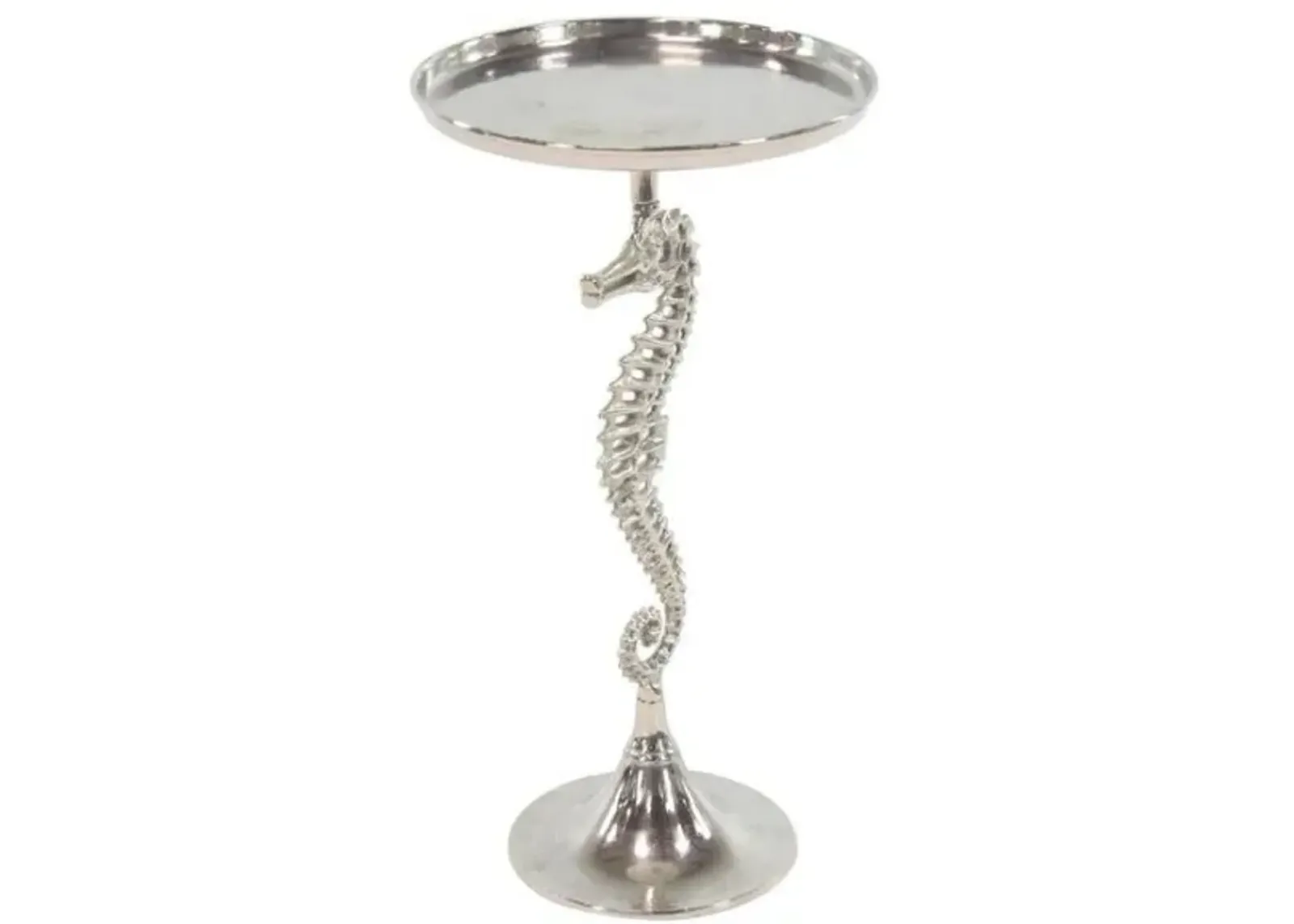 SILVER ALUMINUM SEA HORSE PEDESTAL ACCENT TABLE WITH TRAY TOP 14"X14"X27"