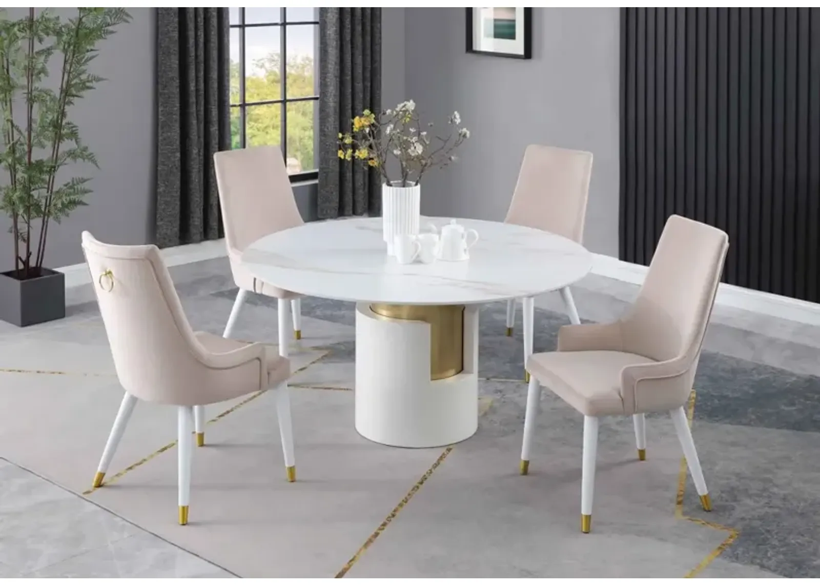 Chintaly Kiana Dining Set with Marbleized Sintered Stone Top Table & Wooden Legged Chairs