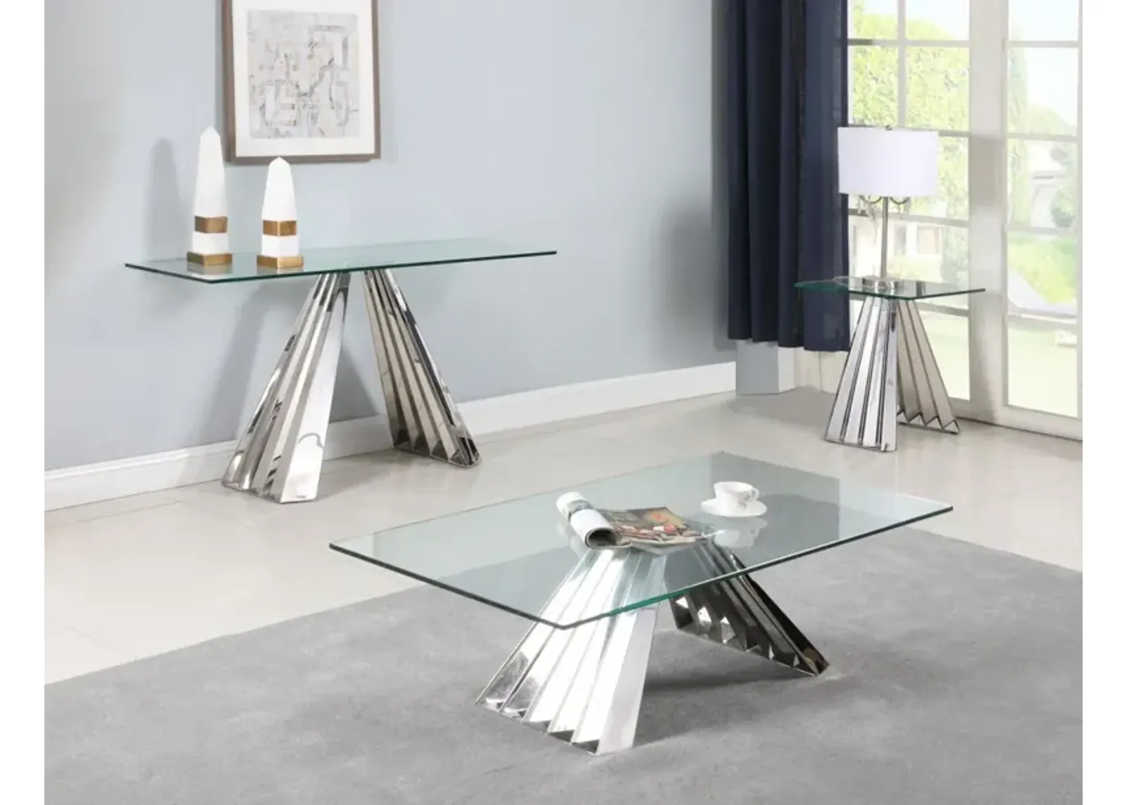 Chintaly Dominique Contemporary 18 Inch X 55 Inch Glass Sofa Table with Flare Pyramid Base