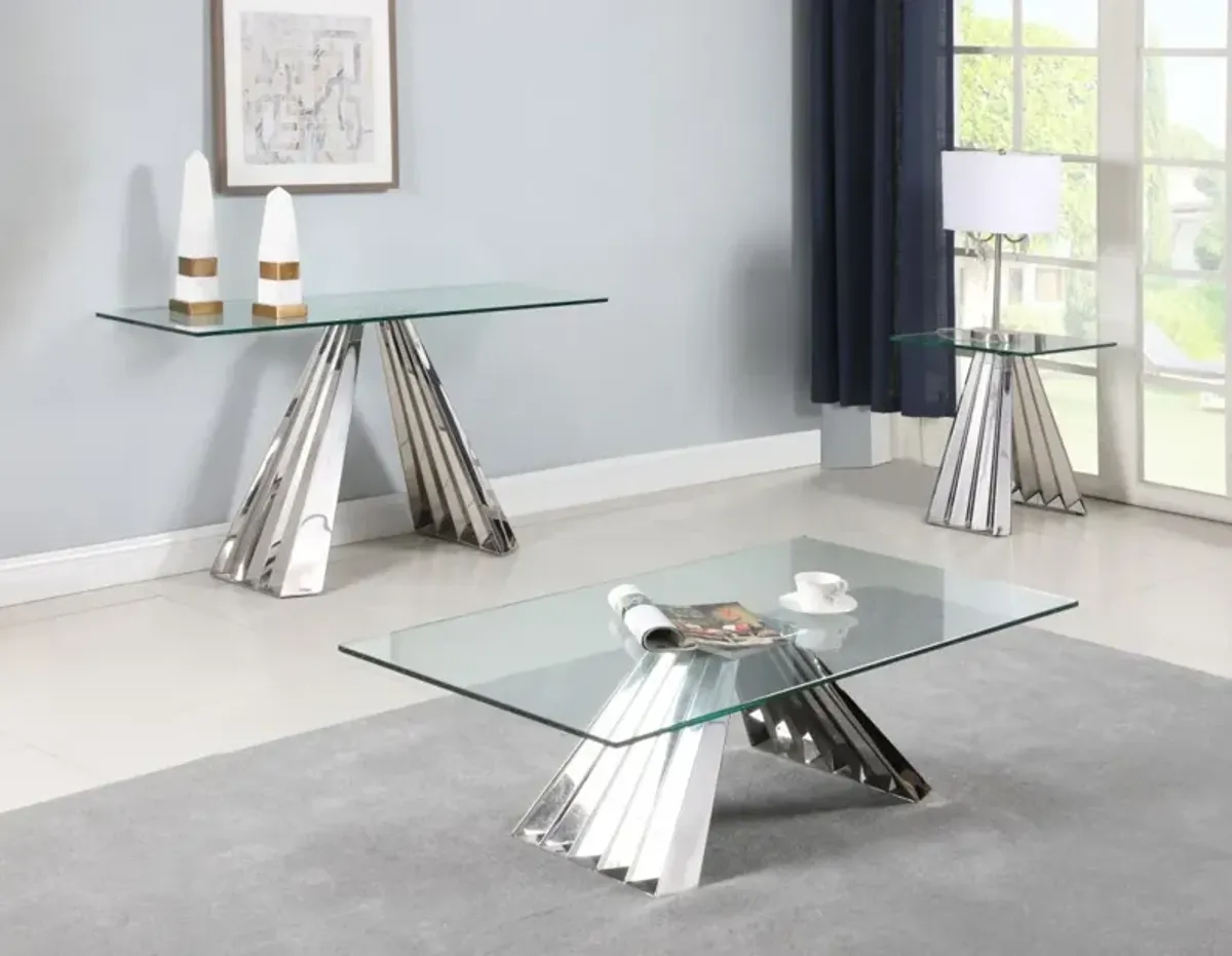 Chintaly Dominique Contemporary 18 Inch X 55 Inch Glass Sofa Table with Flare Pyramid Base