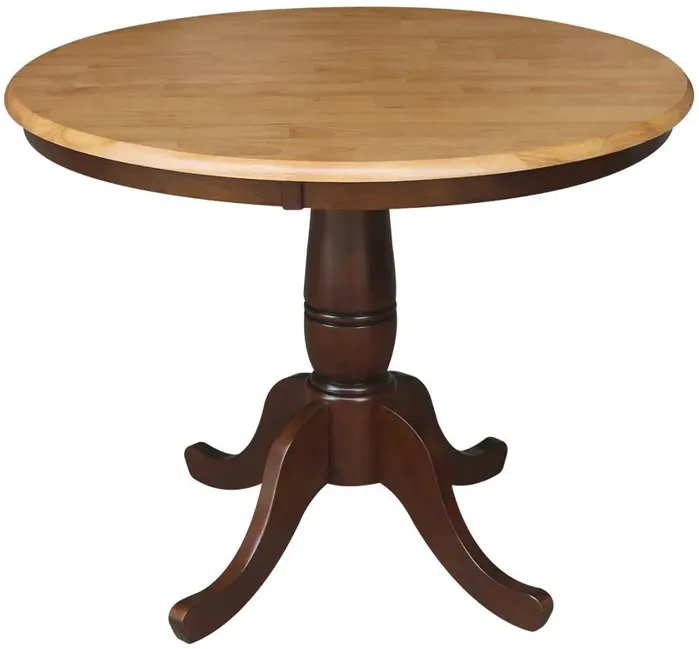 DINING ESSENTIALS 36 INCH ROUND TABLE TOP WITH 30 INCH TRADITIONAL PEDESTAL BASE IN CINNAMON/ESPRESSO