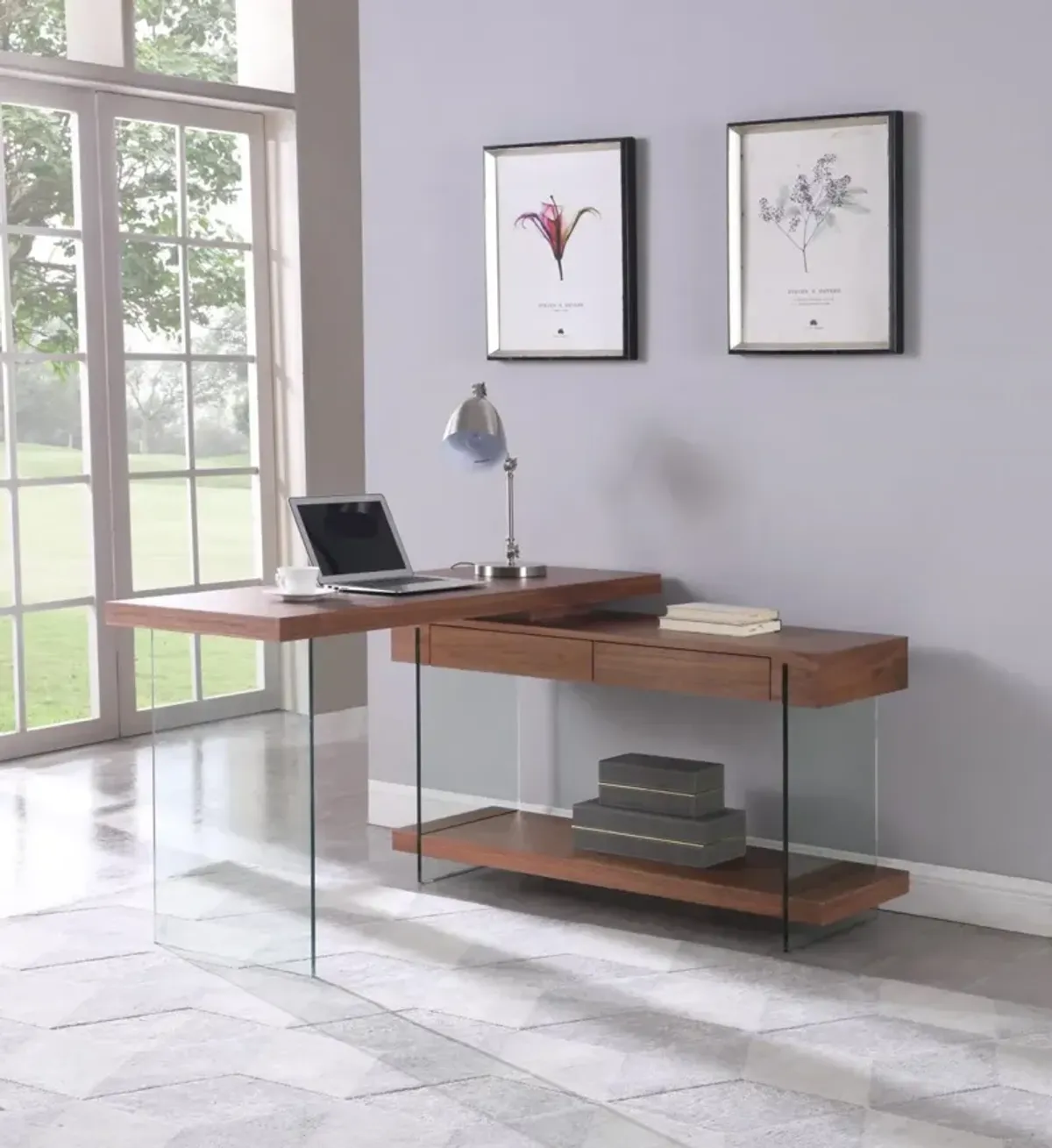 Chintaly Walnut Modern Rotatable Glass & Wooden Desk with Drawers & Shelf