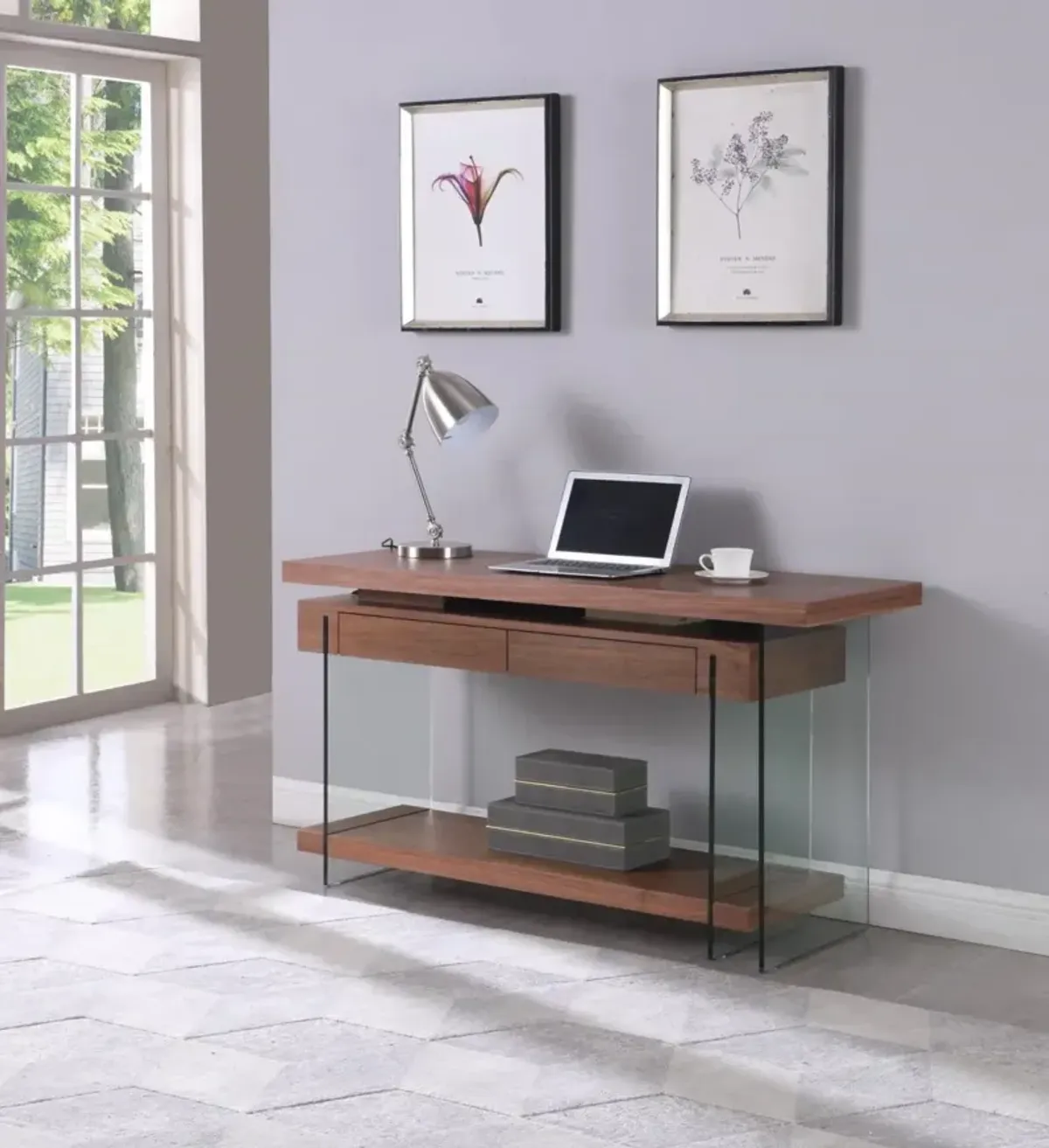 Chintaly Walnut Modern Rotatable Glass & Wooden Desk with Drawers & Shelf