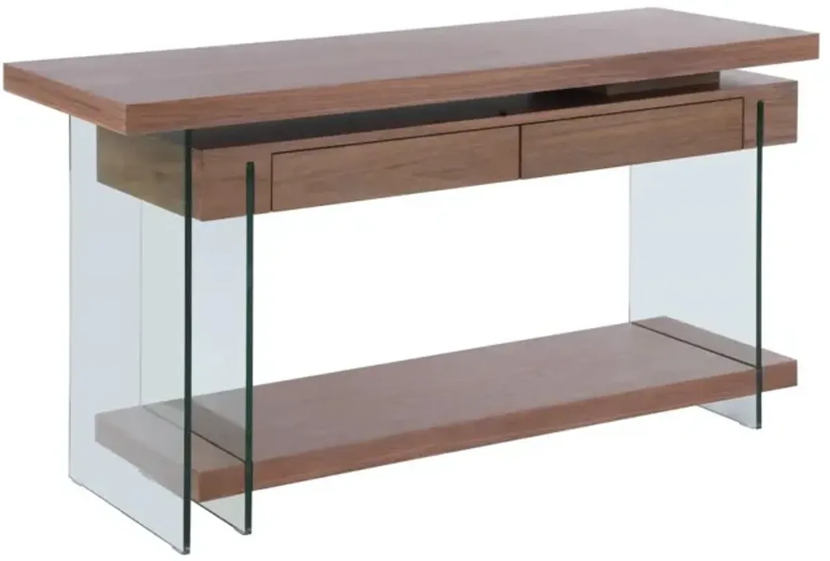 Chintaly Walnut Modern Rotatable Glass & Wooden Desk with Drawers & Shelf