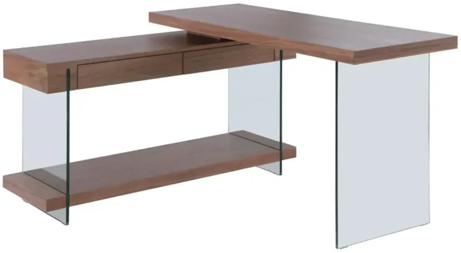 Chintaly Walnut Modern Rotatable Glass & Wooden Desk with Drawers & Shelf