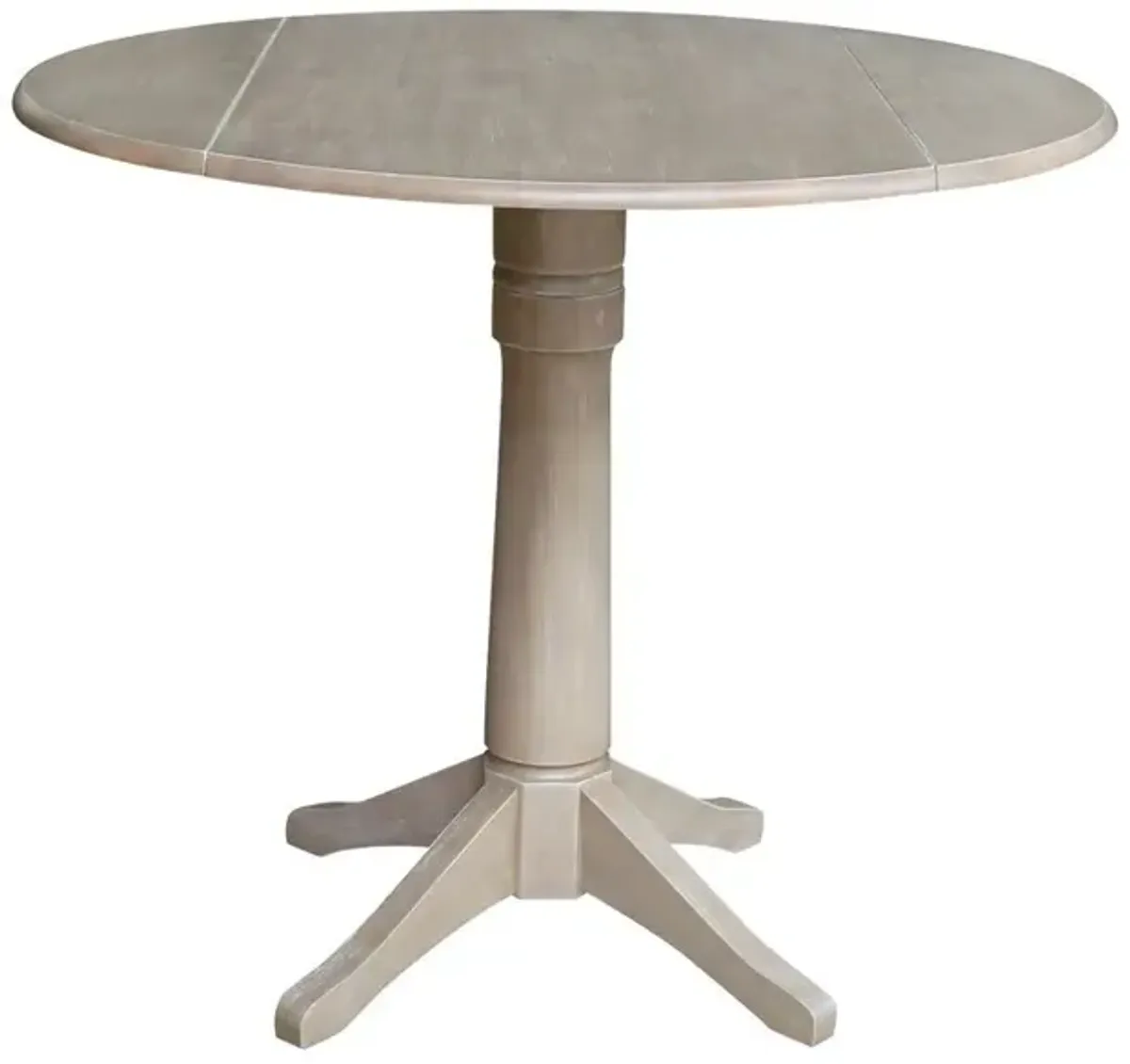 DINING ESSENTIALS 42 INCH DROP LEAF TABLE TOP WITH 36 INCH TRANSITIONAL PEDESTAL BASE WITH EXTENSION IN TAUPE GRAY