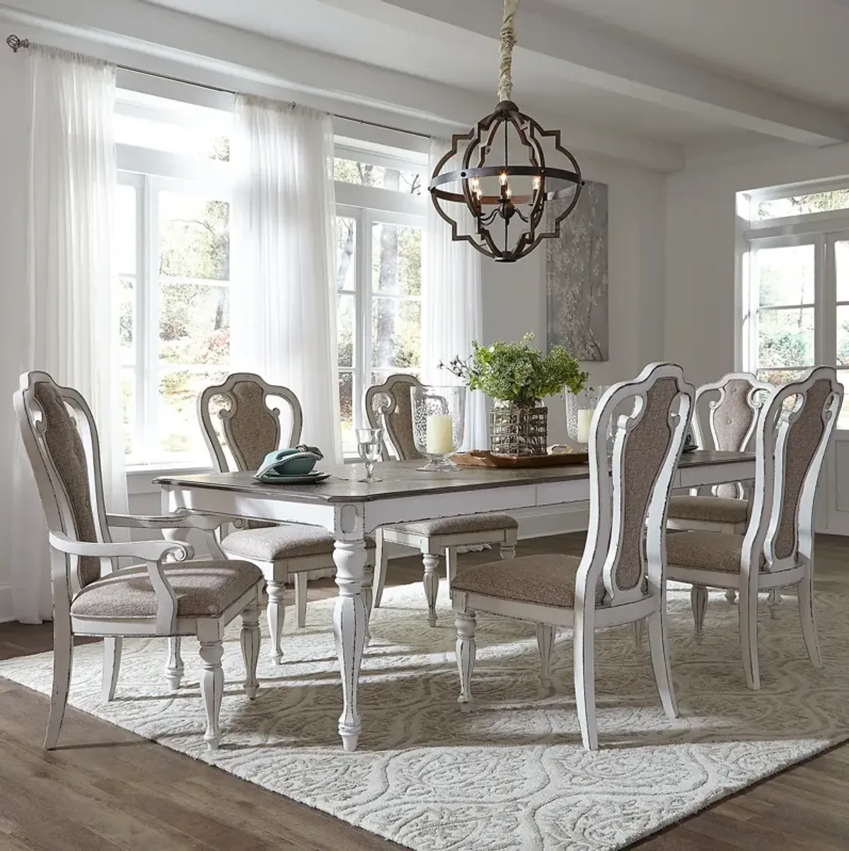 Liberty Furniture 7-Piece Cathedral White Weathered Bark Leg Dining Table Set Magnolia Manor