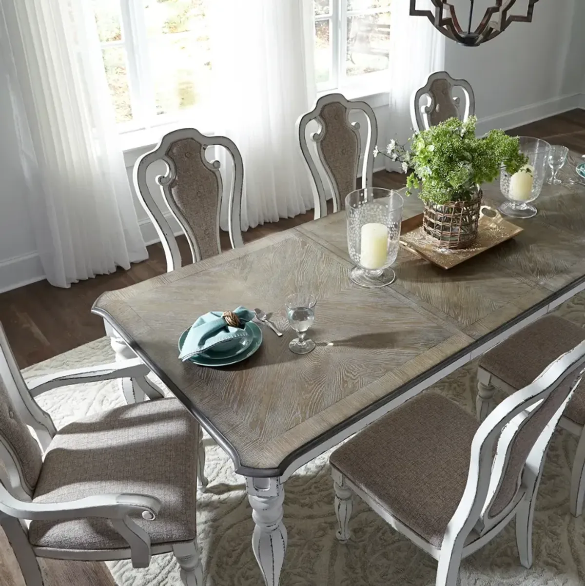 Liberty Furniture 7-Piece Cathedral White Weathered Bark Leg Dining Table Set Magnolia Manor