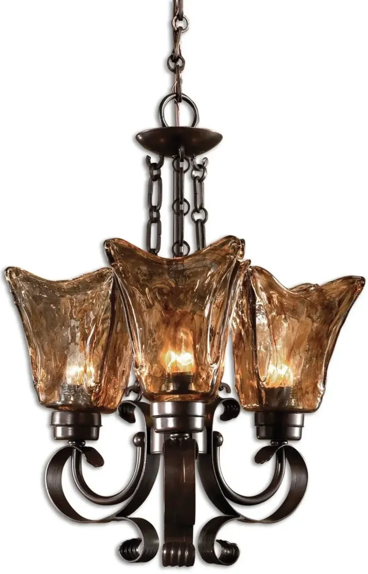 Uttermost Chandelier with Scrolled Arms & Amber Glass Shades