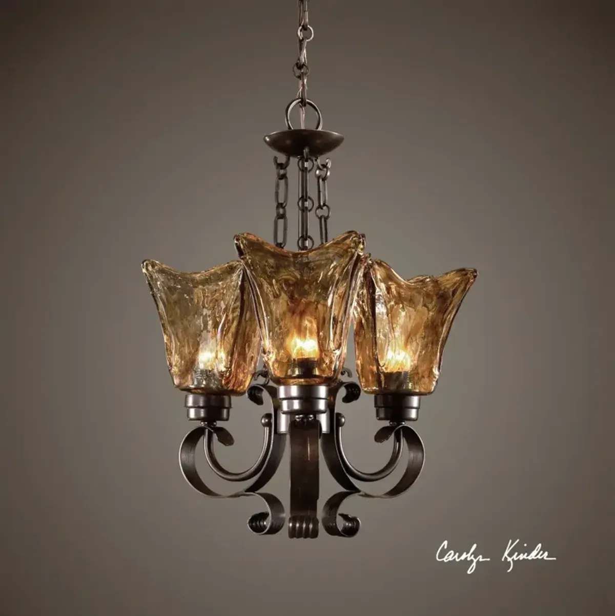 Uttermost Chandelier with Scrolled Arms & Amber Glass Shades