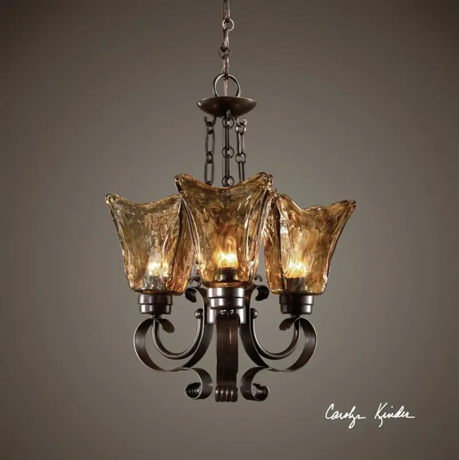 Uttermost Chandelier with Scrolled Arms & Amber Glass Shades