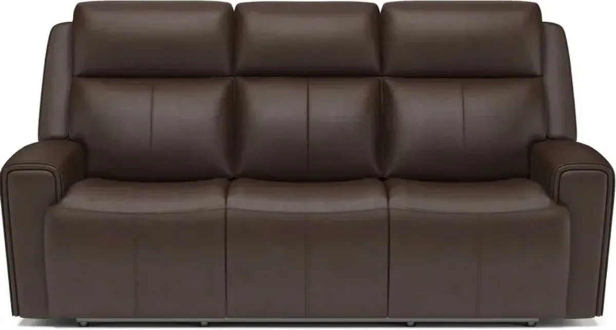 Flexsteel Barnett Chocolate Power Reclining Leather Sofa with Power Headrests & Lumbar