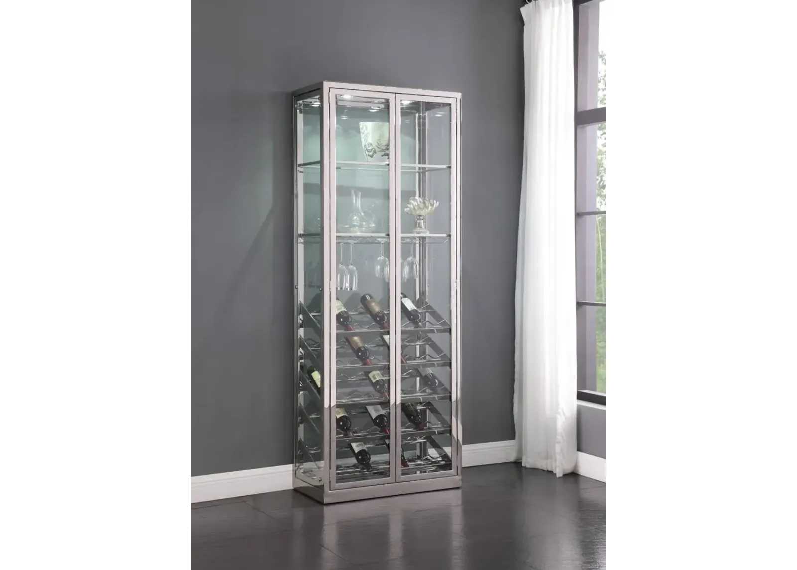 Chintaly Contemporary Glass Curio with Wine & Stemware Racks