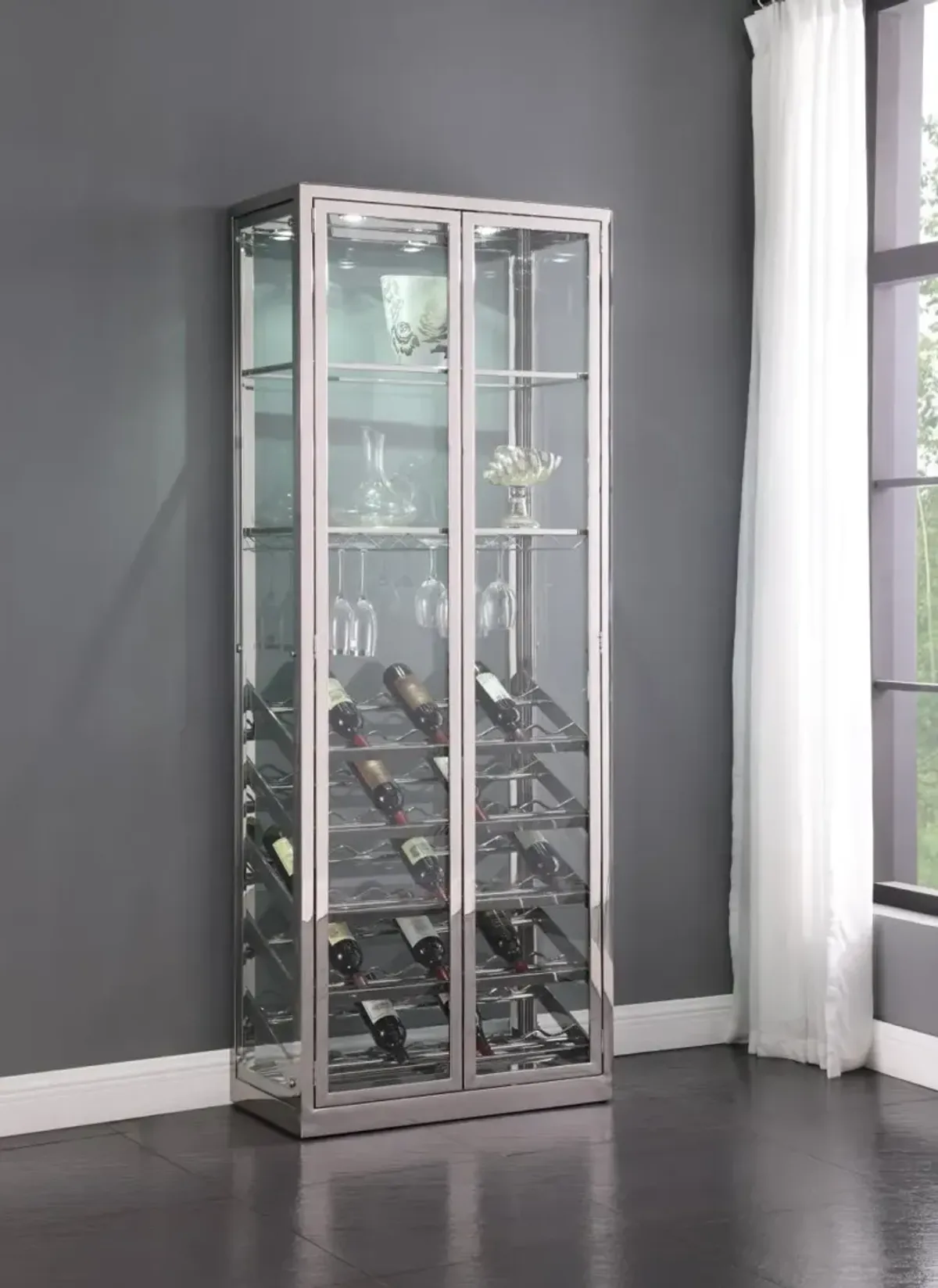 Chintaly Contemporary Glass Curio with Wine & Stemware Racks