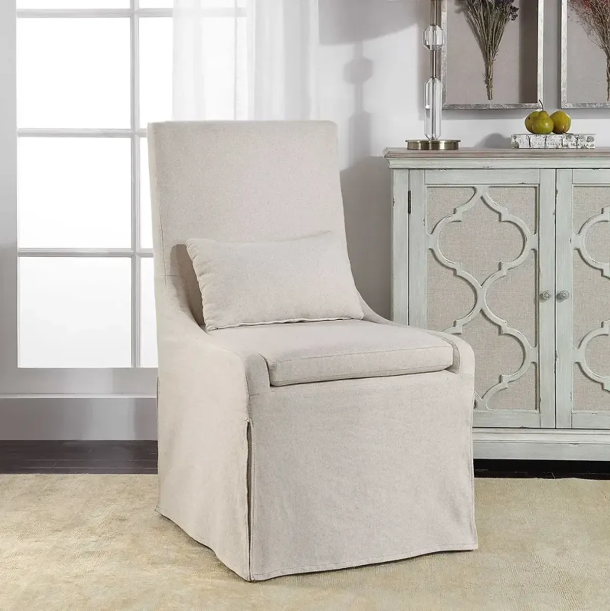 Uttermost Sleek Beige Linen Parsons Chair with High Back & Accent Pillow