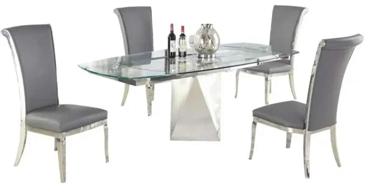 Chintaly Gloria Grey Contemporary Motion-Extendable Glass Dining Set with 4 Chairs