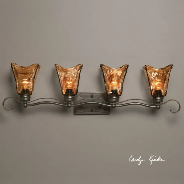 Contemporary Four-Light Vanity Fixture with Amber Glass Shades