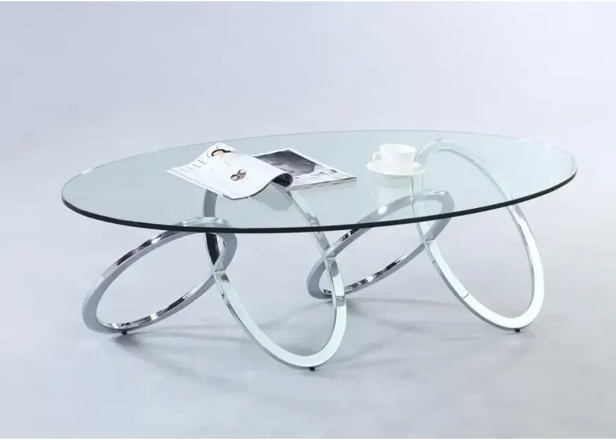 CONTEMPORARY 30 INCH X 54 INCH OVAL GLASS COFFEE TABLE WITH MULTI-RING BASE