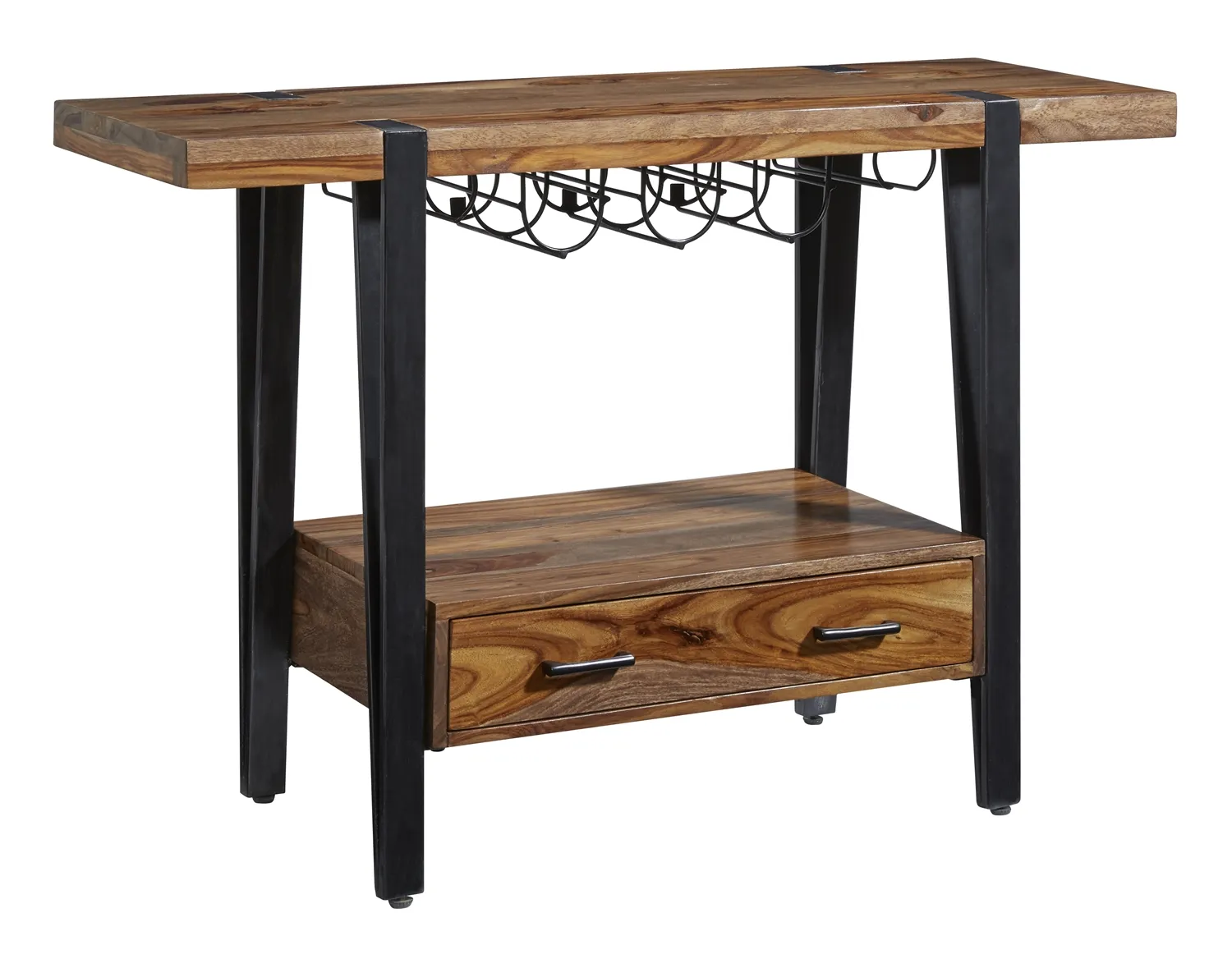 CAIN INDUSTRIAL STYLE ONE DRAWER WINE CONSOLE WITH WINE AND STEMWARE RACK - DARK SHEESHAM WOOD