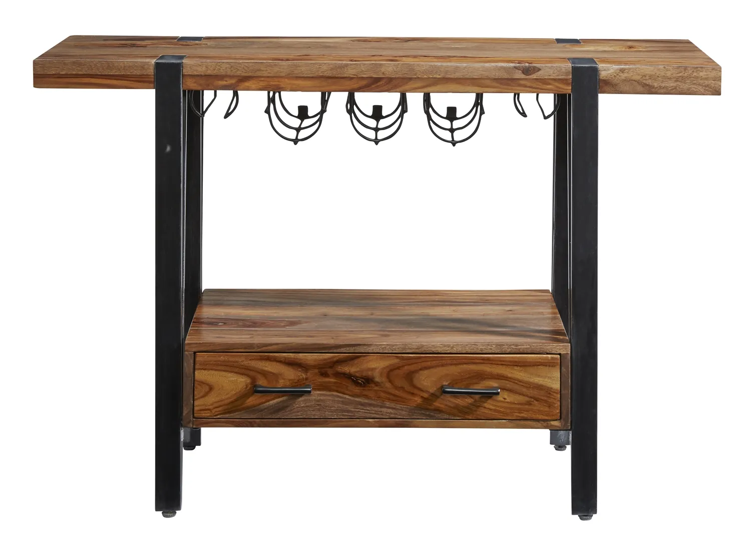 CAIN INDUSTRIAL STYLE ONE DRAWER WINE CONSOLE WITH WINE AND STEMWARE RACK - DARK SHEESHAM WOOD