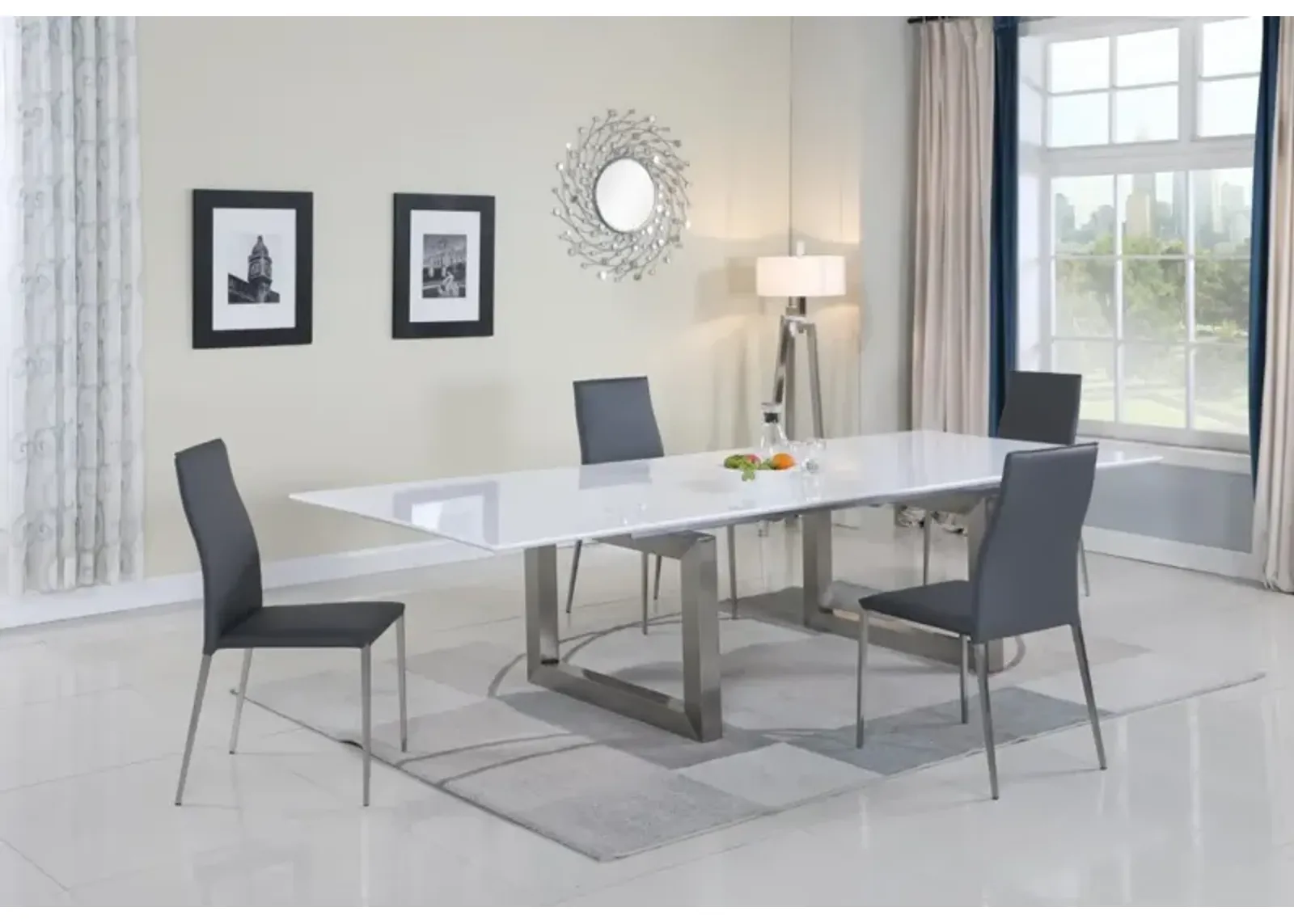 EBONY CONTEMPORARY DINING SET WITH WHITE EXTENDABLE TABLE & 4 UPHOLSTERED CHAIRS