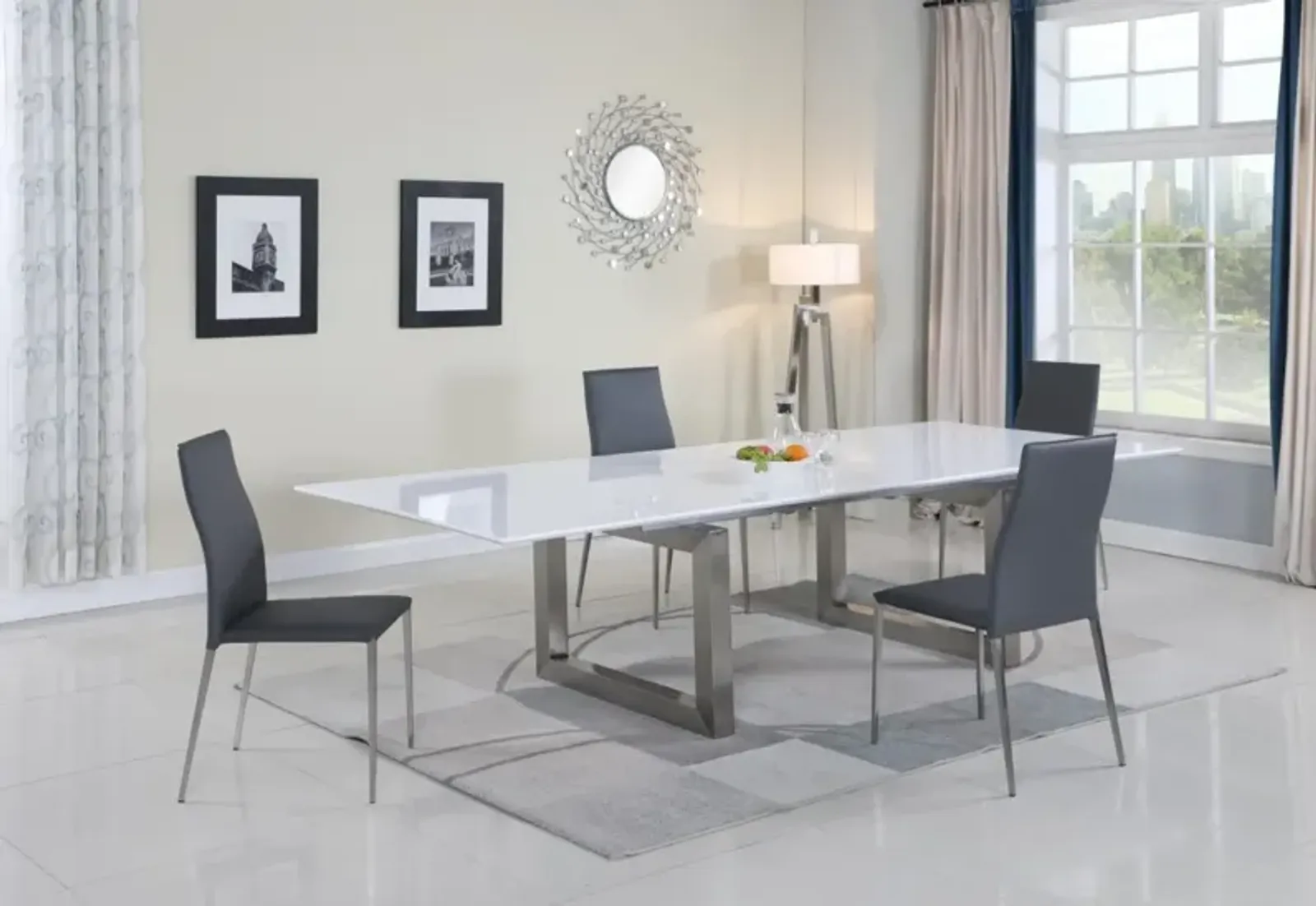 Chintaly Ebony Contemporary Dining Set with White Extendable Table & 4 Upholstered Chairs